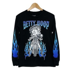 Betty Boop Motorcycle Biker Chic Graphic Tee Womens Size Small Black Fire Flames